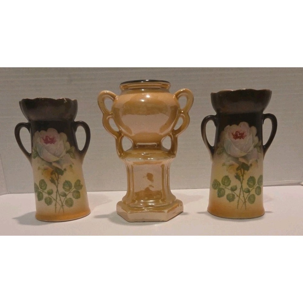 Vintage Czechoslovakia Porcelain Vase Set – Hand Painted Floral Bud Vases w/...